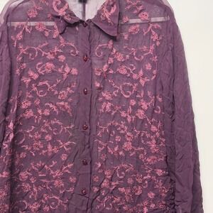 Vtg Carole Little Top Sz10‎ Chiffon Floral Embroidered Tunic Button Down Sheer